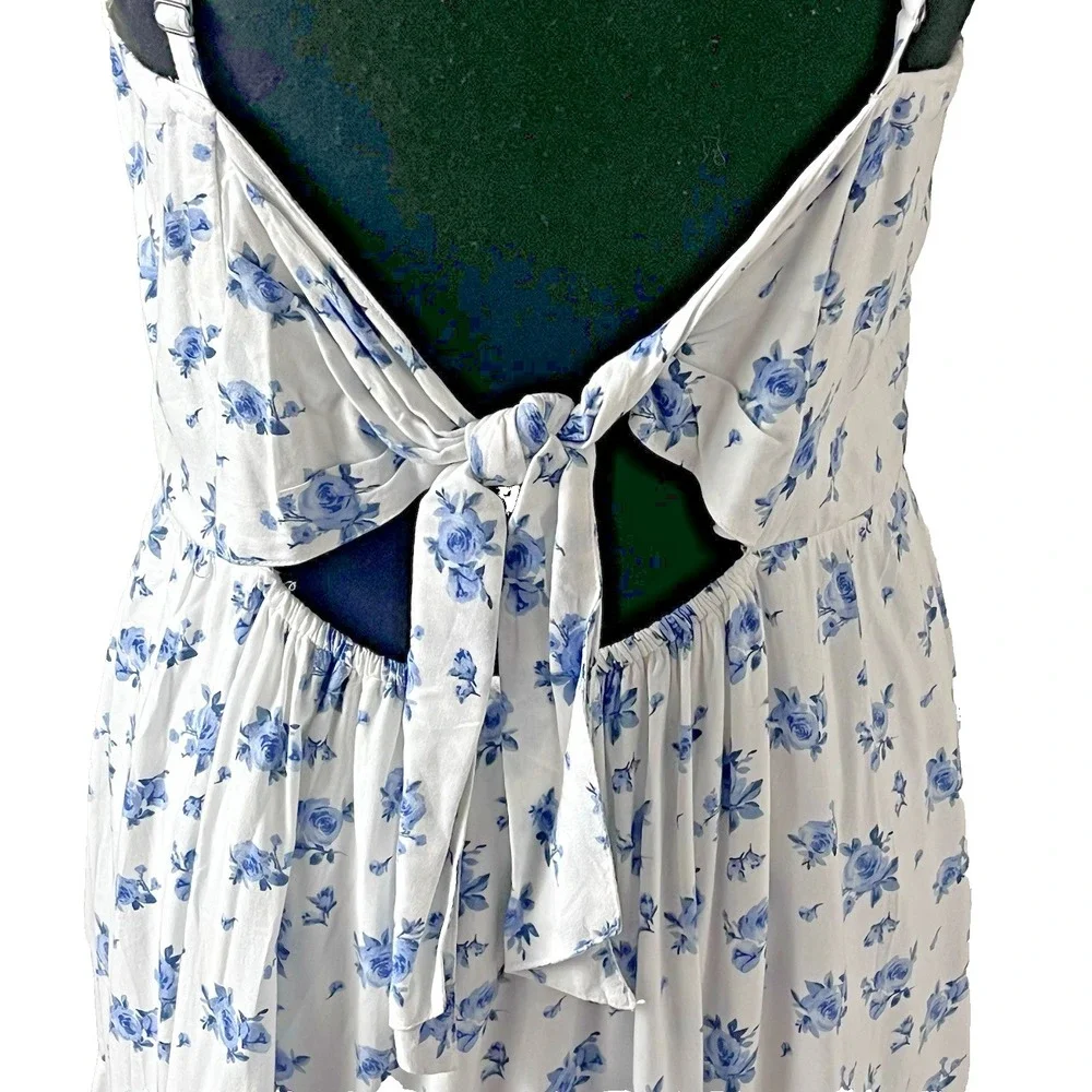 Blue Floral Babydoll Mini Dress Women's M Tiered Ditsy Cottagecore - Picture 4 of 9